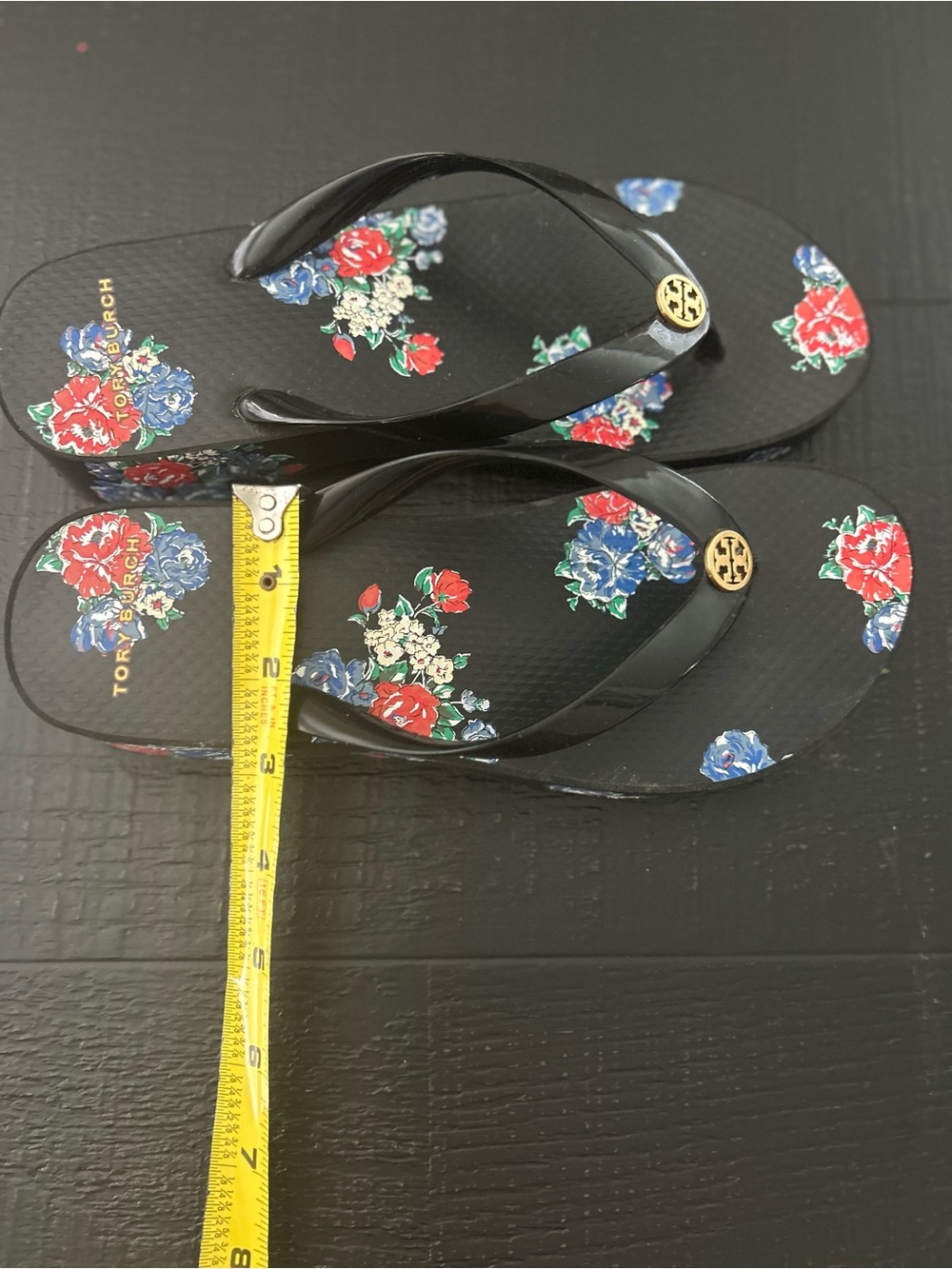 Tory Burch Black Sandal with Red & Blue Floral Print and Gold Logo - Picture 5 of 7